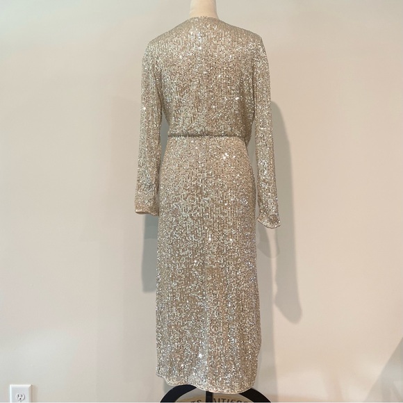 H&M Beige Sequin Wrap Midi Christmas Dinner Party Long Sleeve Dress Small - Picture 7 of 9